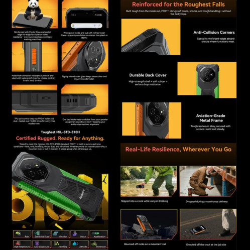  Blackview FORT 1, 6 Go + 256 Go, écran 6,56 pouces, Android 15, processeur Unisoc UMS9230E T615 Octa Core, réseau : 4G, OTG, NFC (Orange) SB997E770-020